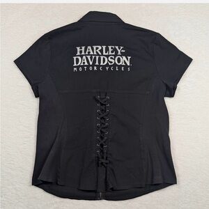 Harley-Davidson Black Short Sleeve Button Shirt with Back Lace-Up